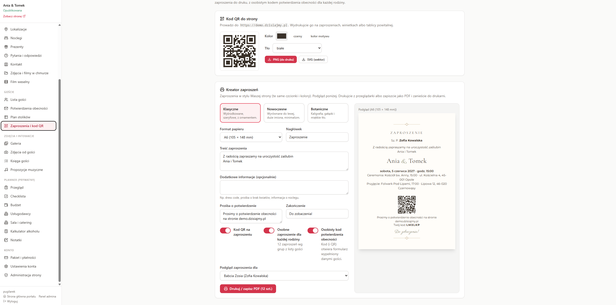 Podgląd: Zaproszenia z kodem QR